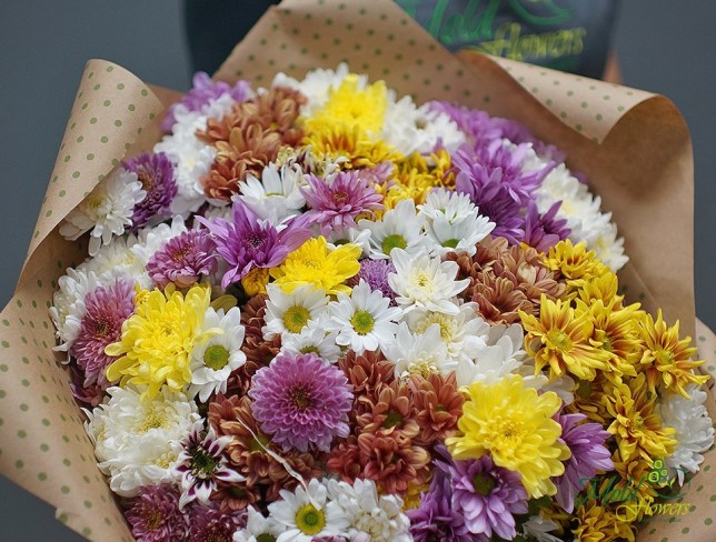 Букет из разноцветной хризантемы в бумаге крафт Фото
